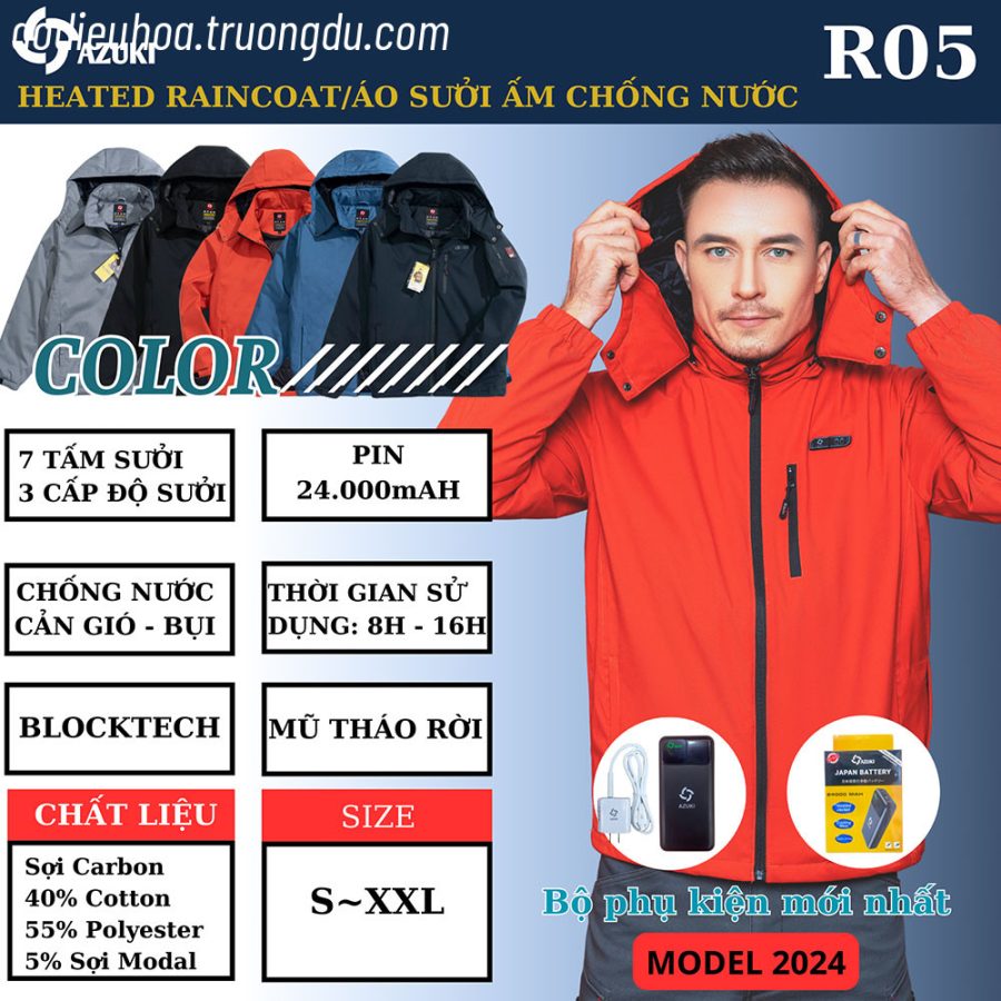 Áo Sưởi Ấm Azuki Raincoat R05 Chống Mưa Tuyết,Chạy Pin 24000mah